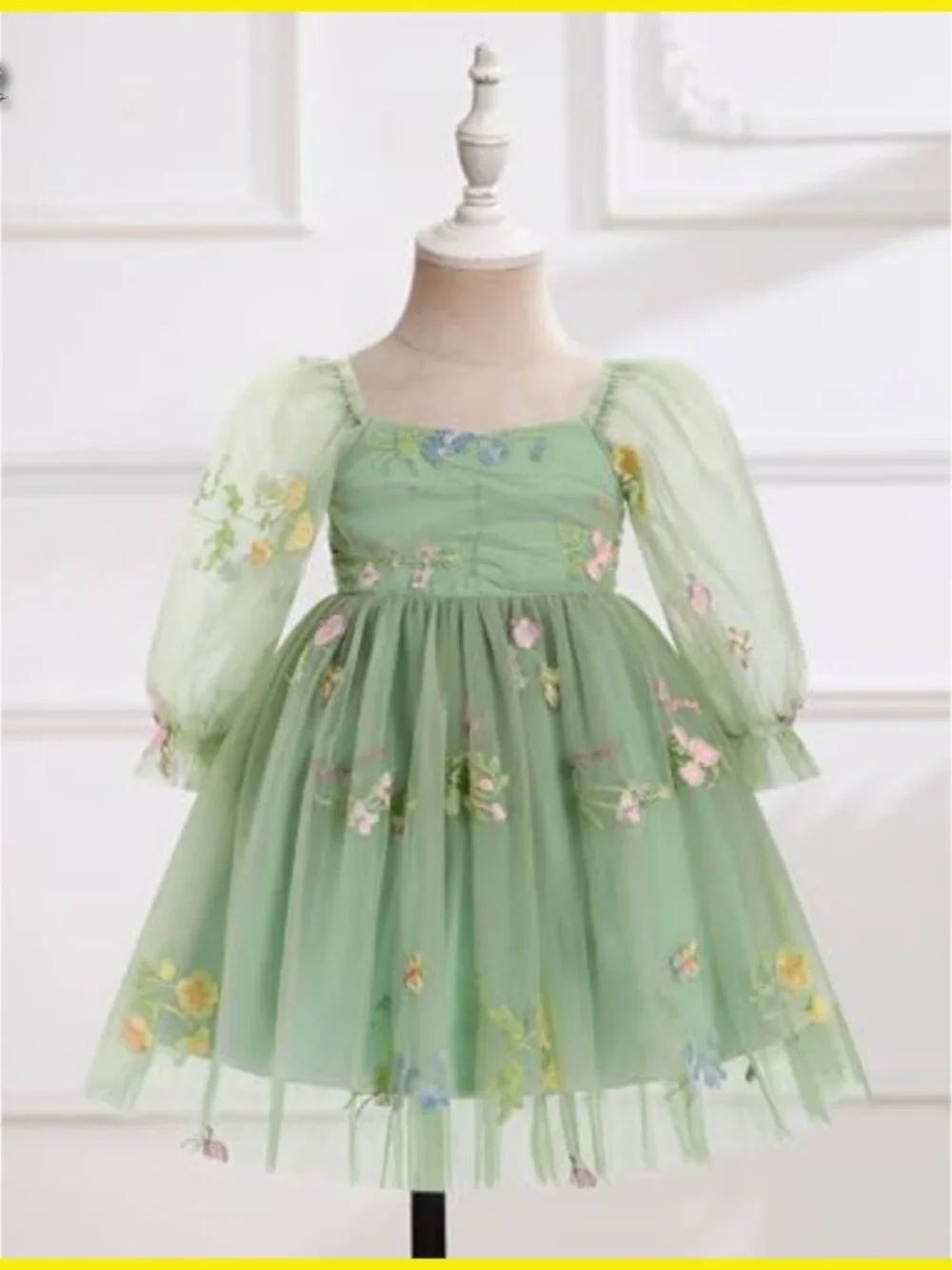 Toddler Girl Floral Tulle Formal Dress Long Sleeve Square Neck Party Photo Shoot - Picture 2 of 7